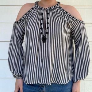 Embroidered Striped Cold Shoulder Top